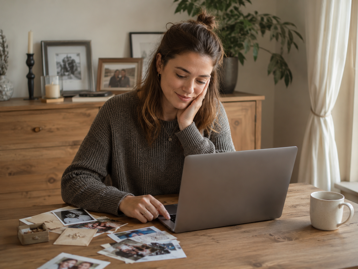 Vrouw deelt haar verhaal via de laptop, met oude foto's op tafel