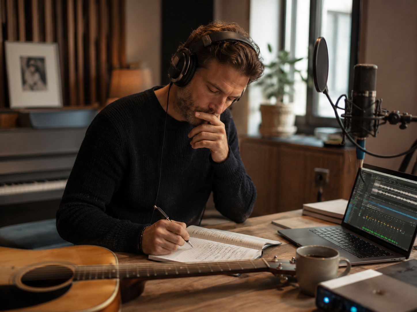 Songwriter schrijft de songtekst in de studio met gitaar en microfoon