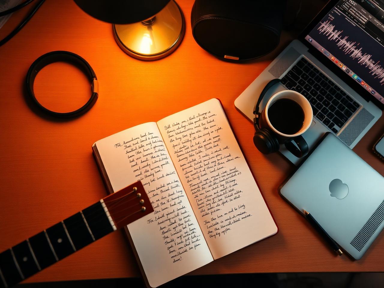 Bureau met gitaar, notitieboek met songtekst, koptelefoon en laptop met audiogolven